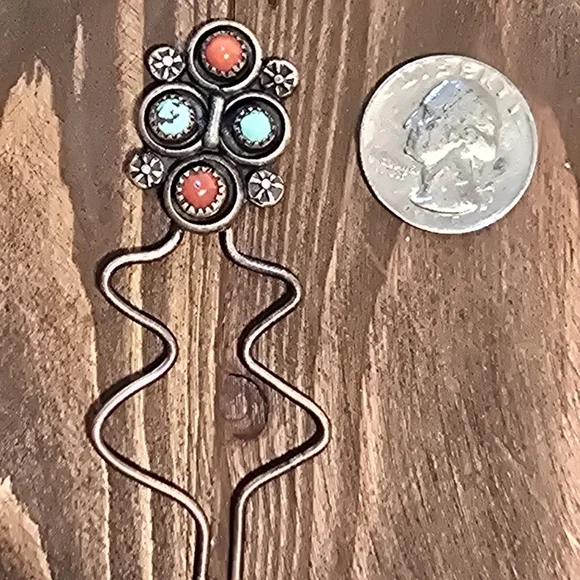 Vintage Native American Hairpin with Coral and Turquoise  display picture 3